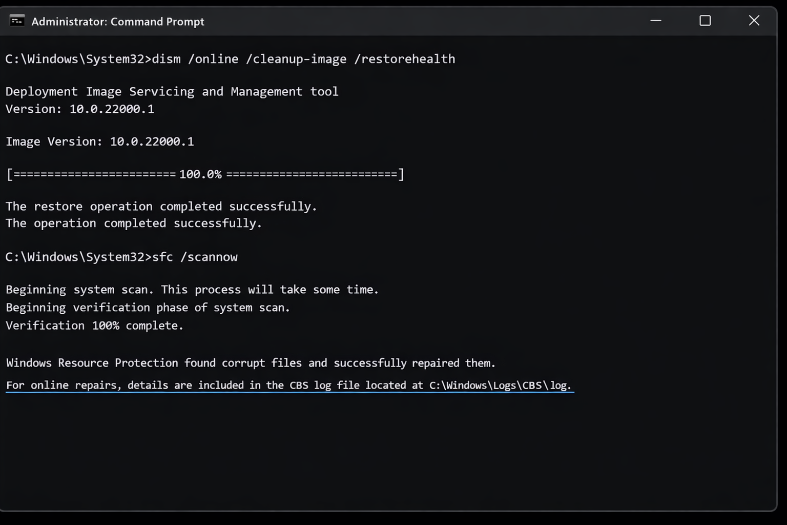 Command Prompt running as administrator with sfc /scannow output showing 