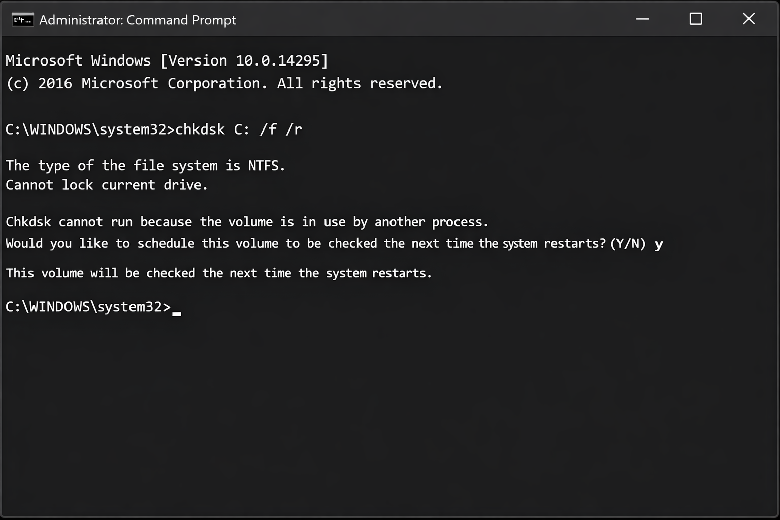 Command Prompt showing chkdsk C: /f /r output with a prompt asking to schedule the volume check on next restart