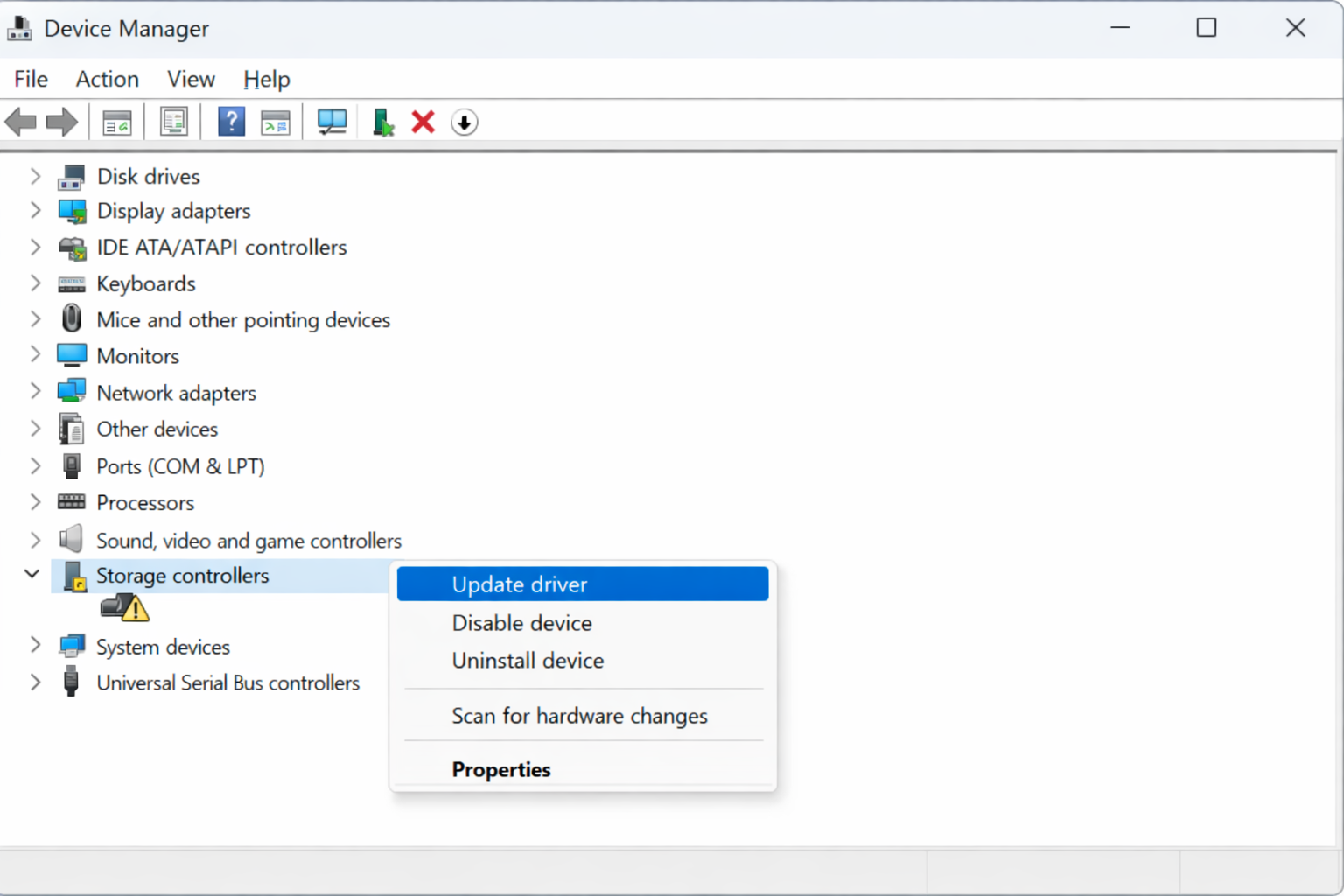 Device Manager showing a storage controller with a yellow exclamation mark and the right-click context menu with 