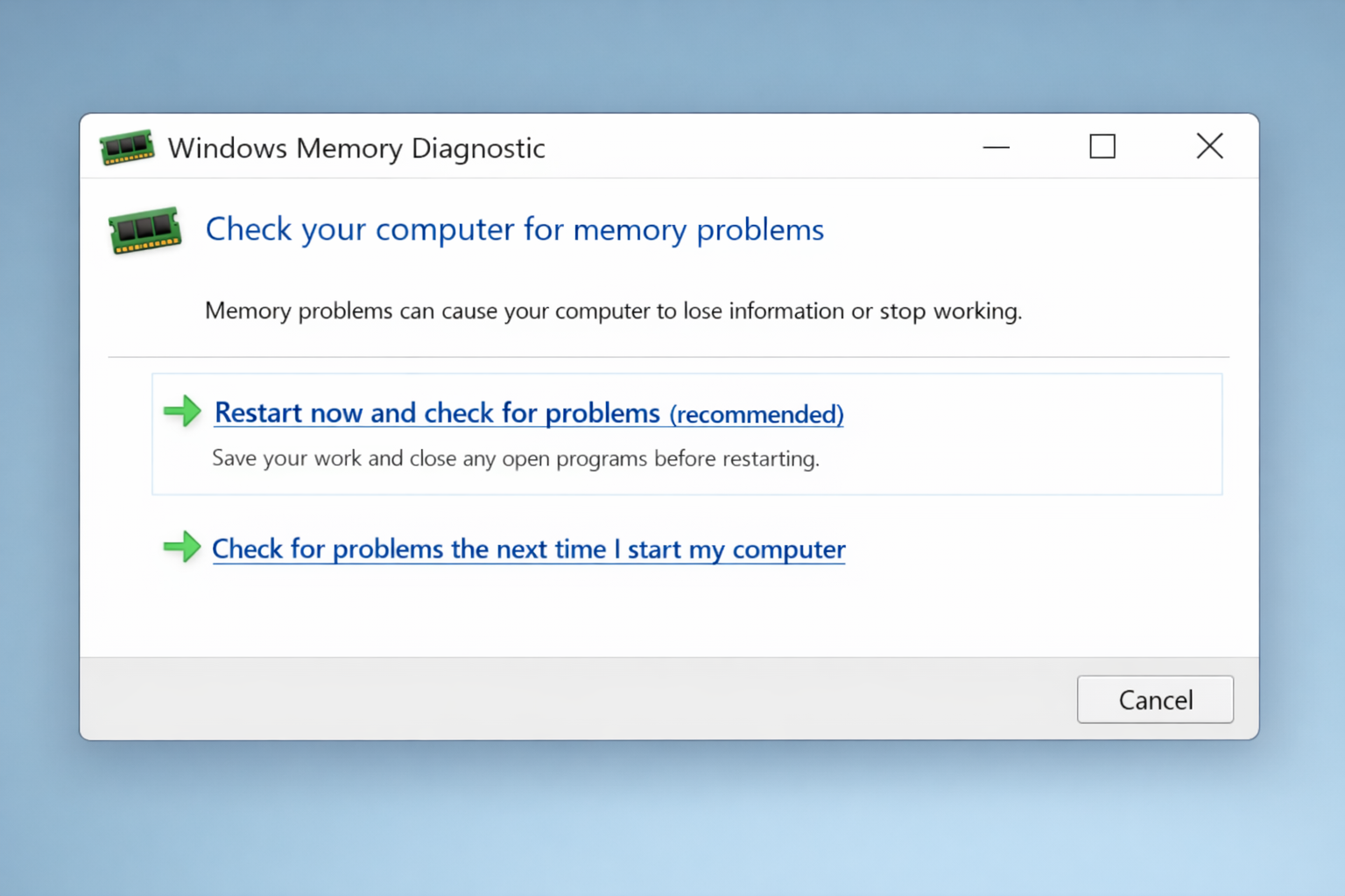 Windows Memory Diagnostic tool dialog showing the 