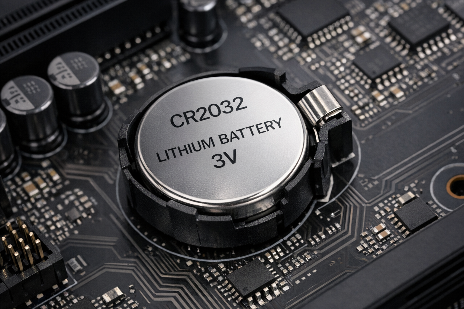 Close-up photo of a motherboard showing the round CMOS coin-cell battery and its retaining clip