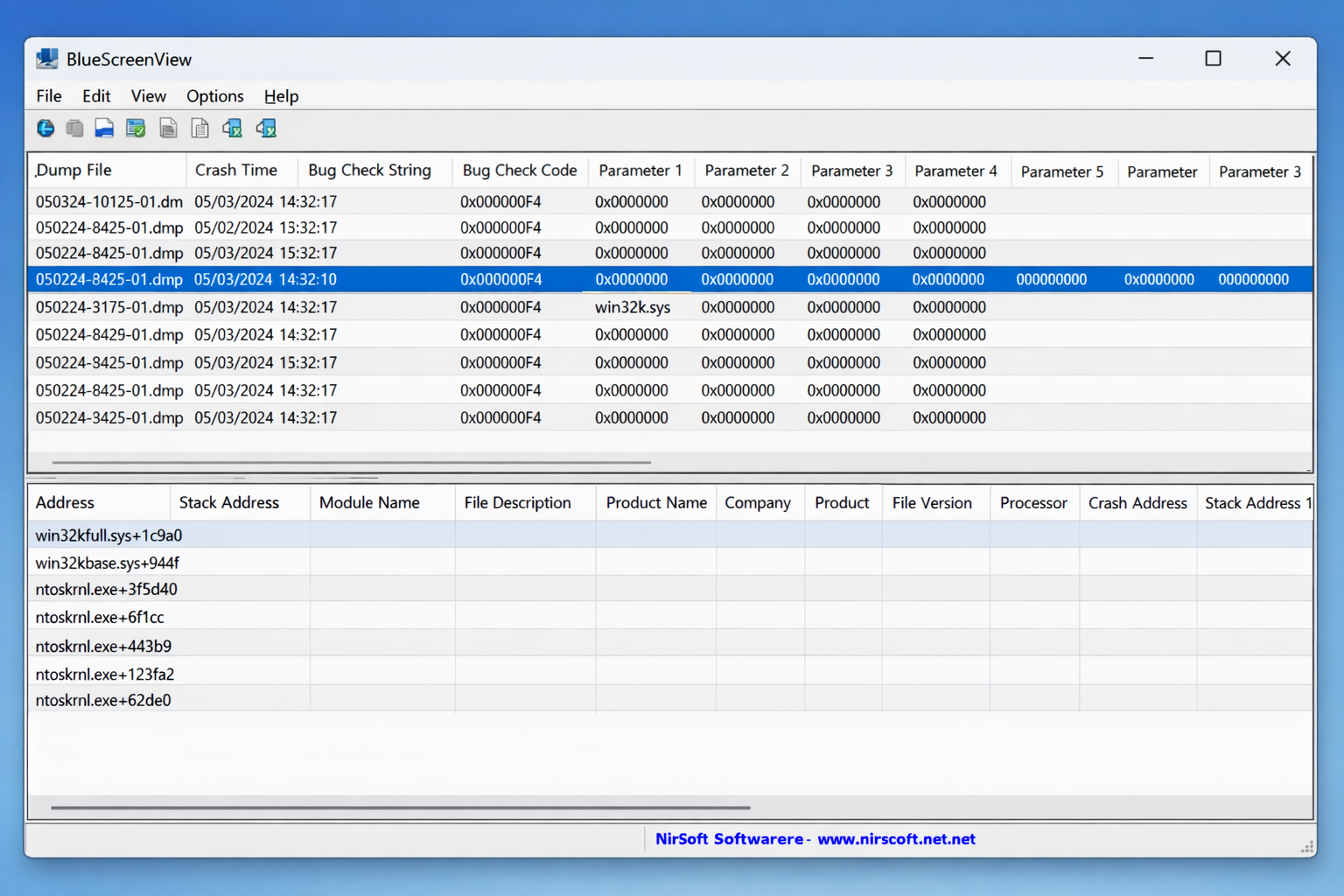 BlueScreenView showing a list of BSOD crash entries with the 