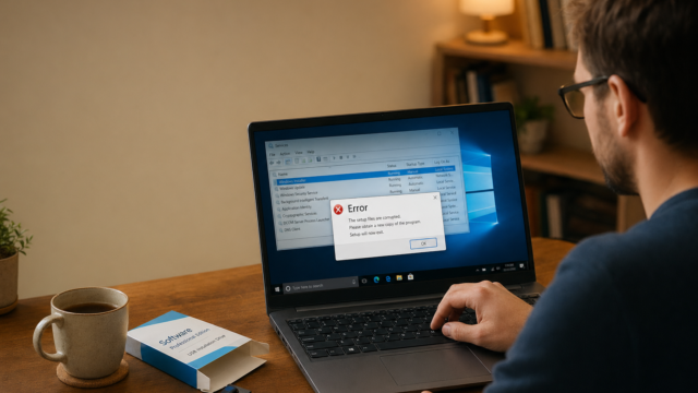 Person using a laptop at a wooden desk, Windows error dialog on screen with 'OK' button visible. A USB drive and software box sit nearby with a mug of coffee to the left.
