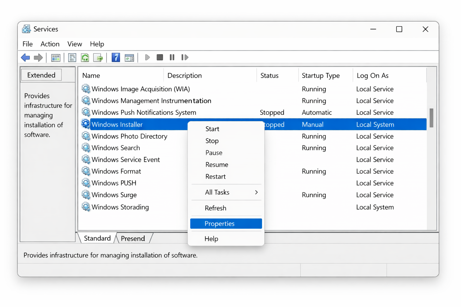 services.msc with Windows Installer highlighted, right-click context menu showing Properties, Startup type set to Manual
