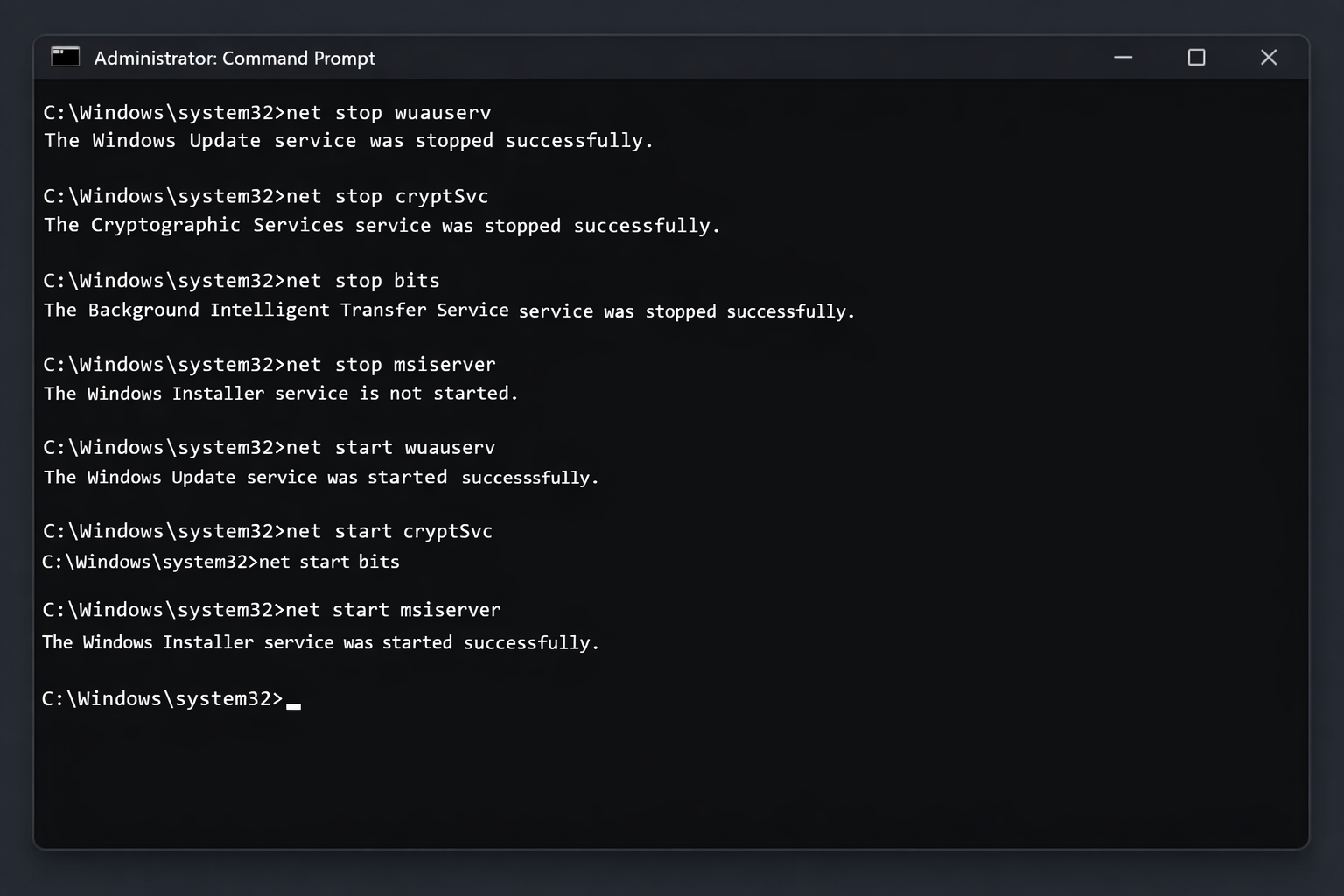 Command Prompt running as administrator with 