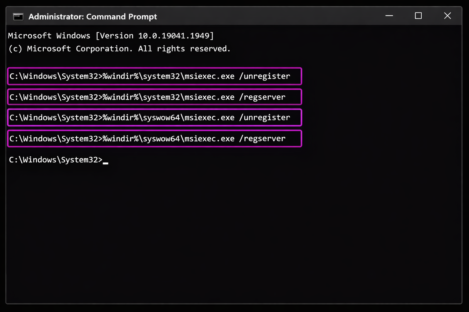 Admin Command Prompt showing msiexec /unregserver and msiexec /regserver commands executed successfully