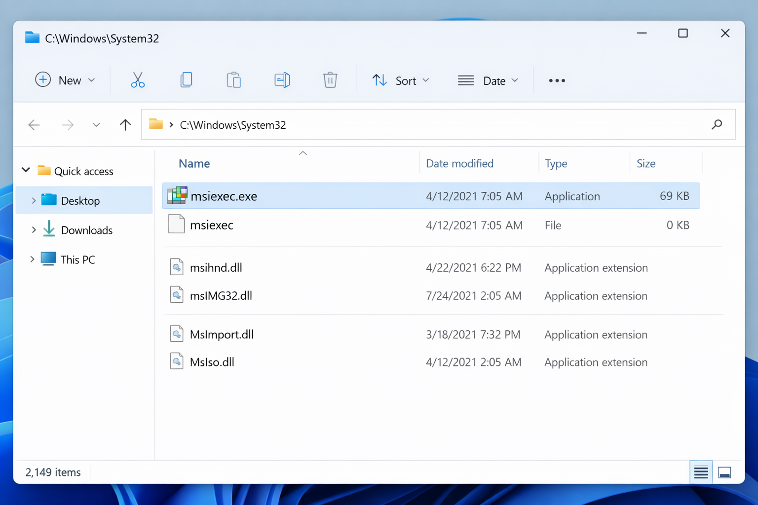 File Explorer in C:\Windows\System32 showing msiexec.exe and a zero-byte msiexec file with no extension
