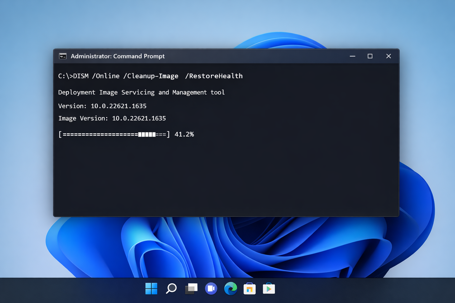 Windows Terminal (Admin) showing DISM /Online /Cleanup-Image /RestoreHealth command running with progress percentage visible