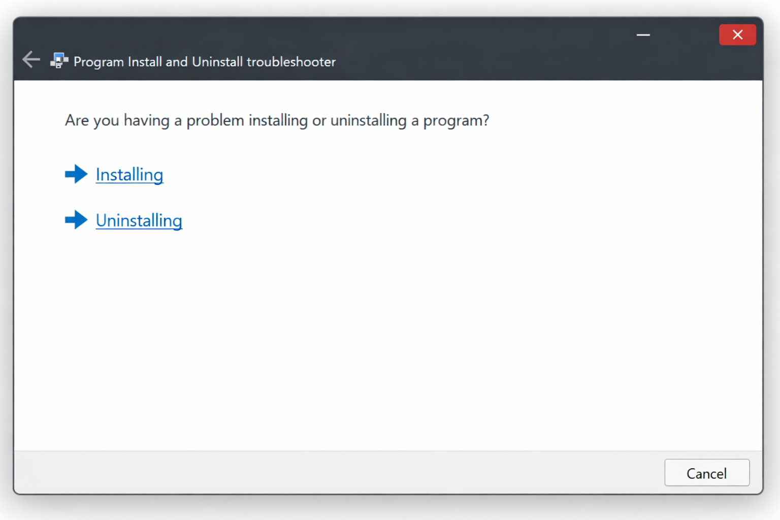 Microsoft Program Install and Uninstall Troubleshooter showing the 