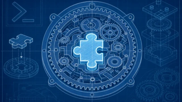 Blueprint of a circular gear system with a glowing central puzzle piece, symbolizing modular engineering.