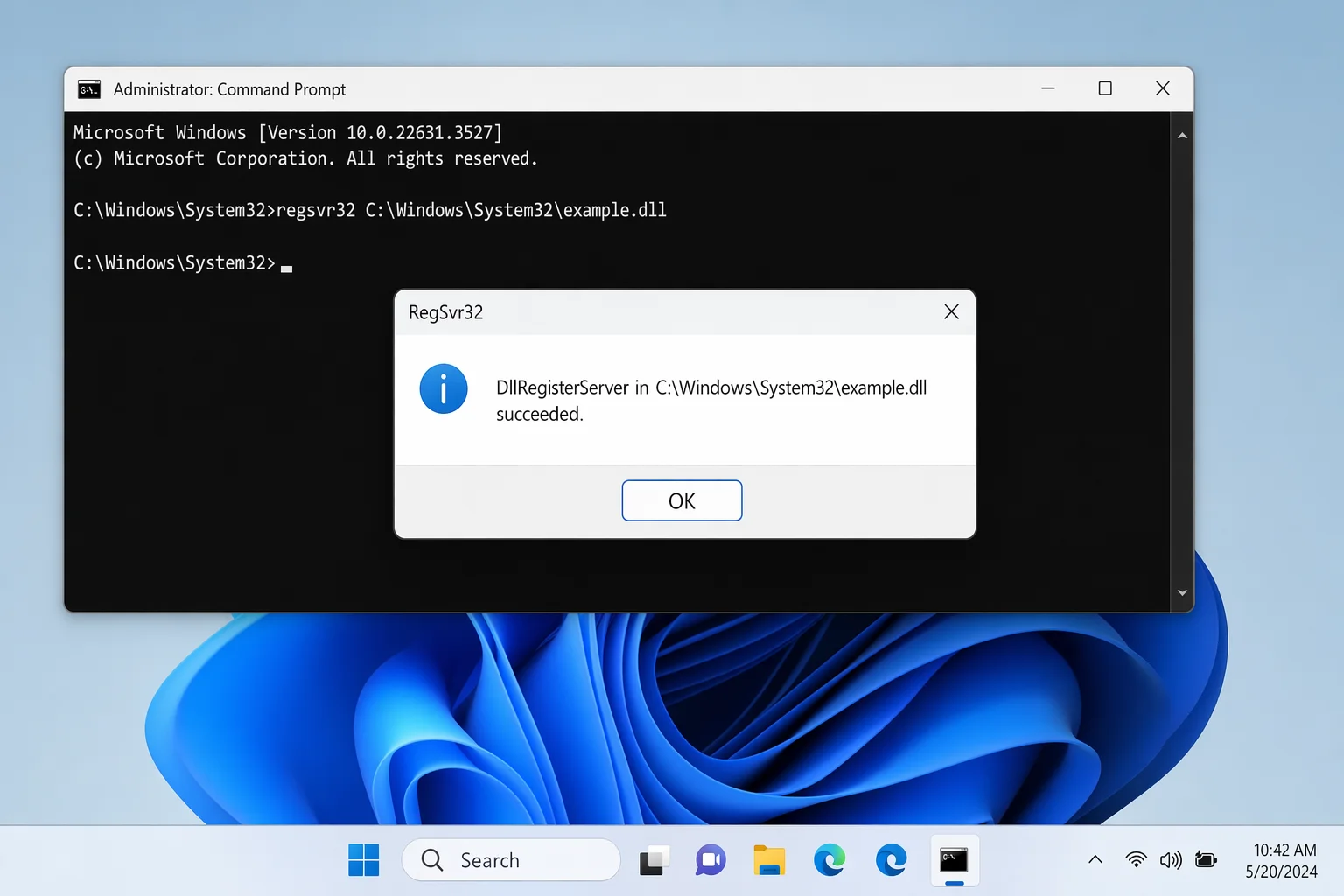 Command Prompt (admin) showing regsvr32 command and the success dialog 