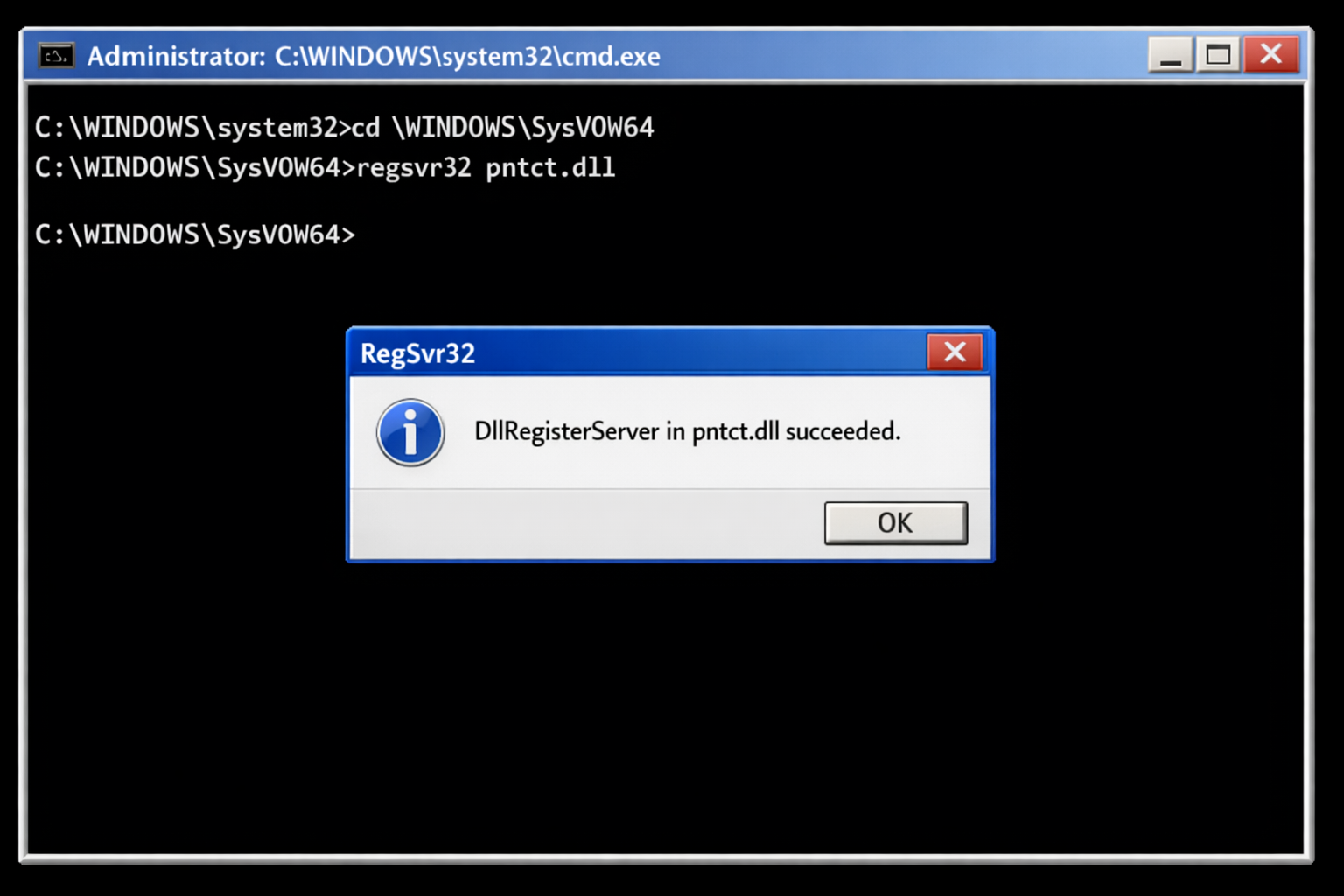 Elevated Command Prompt in SysWOW64 directory showing regsvr32 command for a 32-bit DLL with success dialog visible