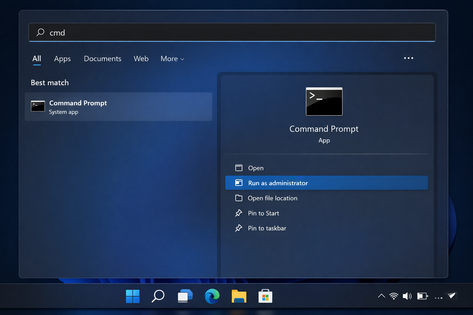 Windows 11 Start menu search showing 
