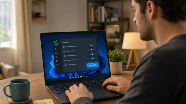 Man typing on a laptop at a wooden desk; a sticky note reading RESET sits beside a mug, with a settings window open on screen.