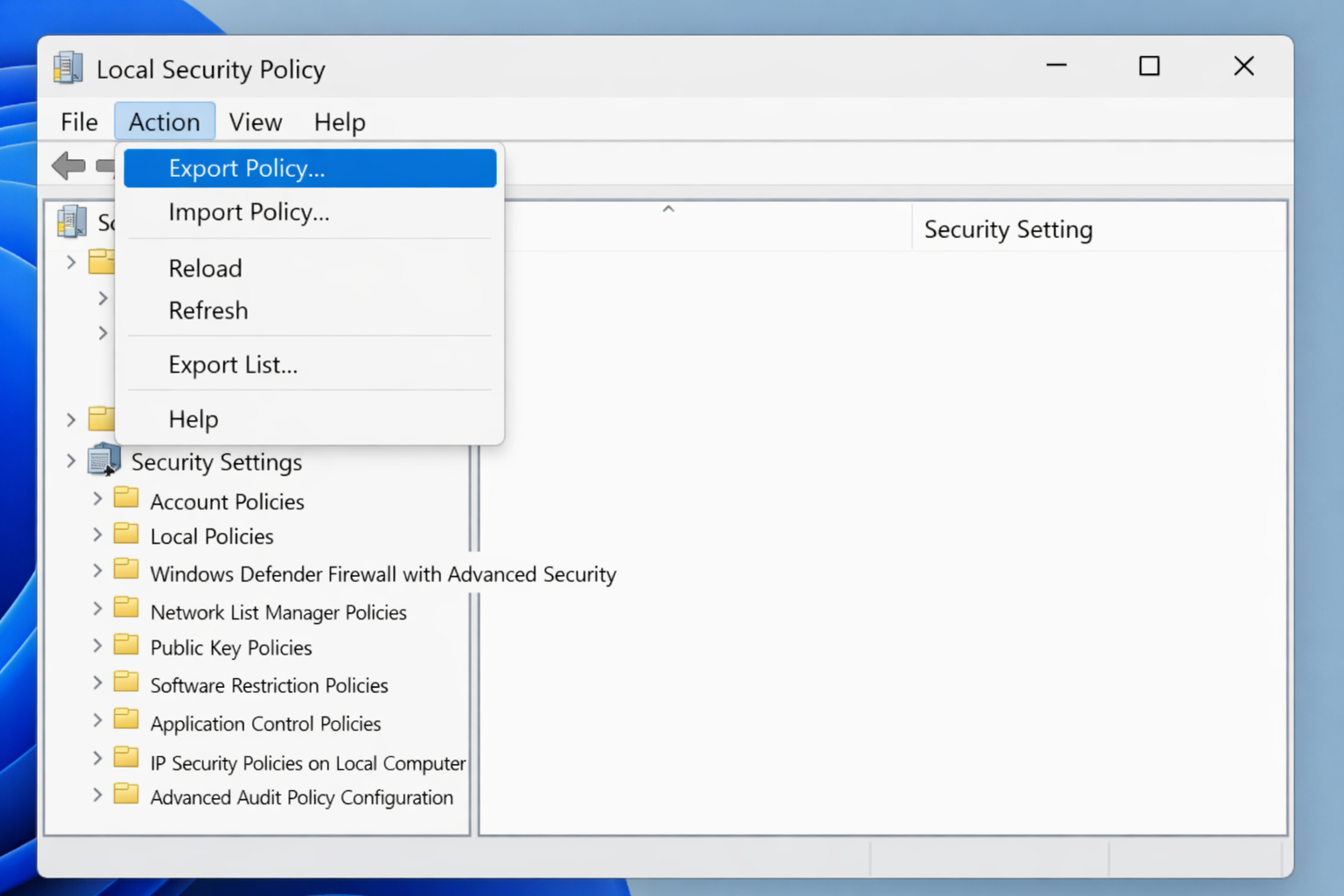 Local Security Policy window (secpol.msc) open in Windows 11, with the Action menu expanded showing the Export Policy option