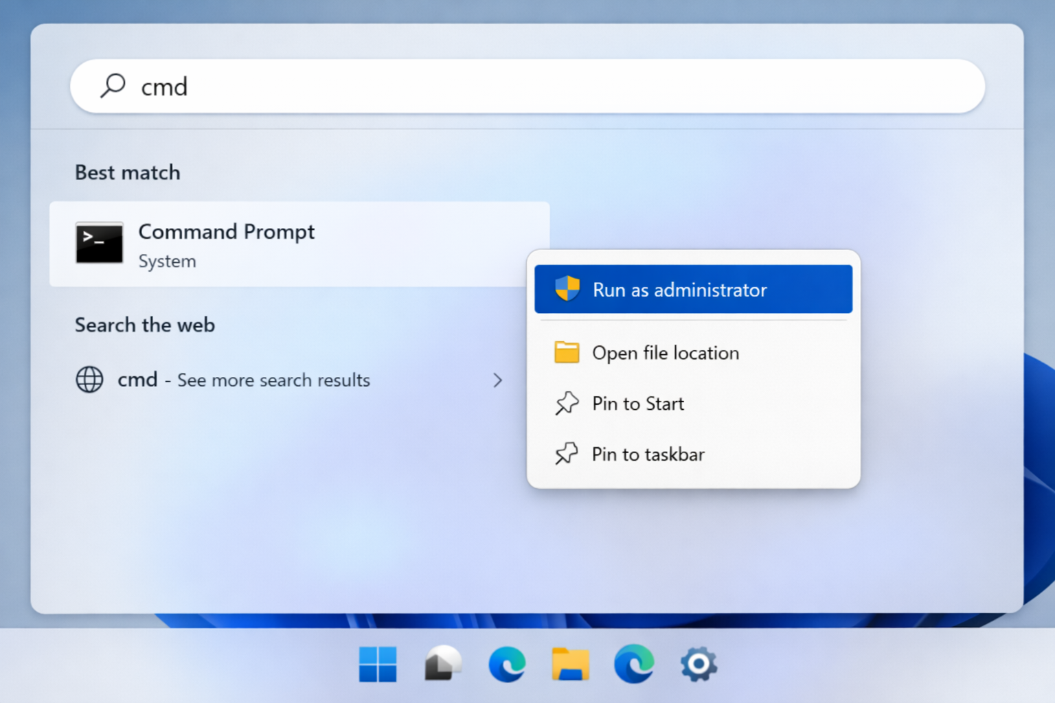 Windows 11 Start menu search showing 