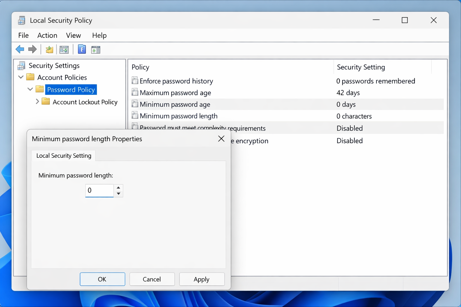 Local Security Policy (secpol.msc) in Windows 11 with Account Policies/> Password Policy expanded and a policy properties dialog open showing the default value