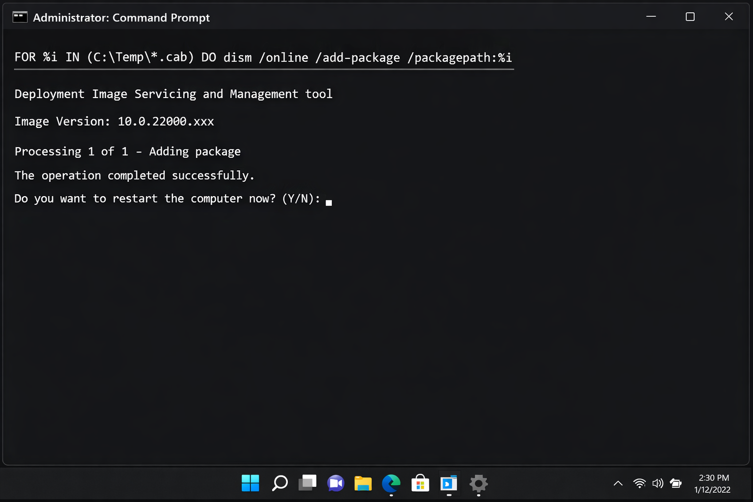 Administrator Command Prompt in Windows 11 Home with the DISM FOR loop command running and package installation output visible