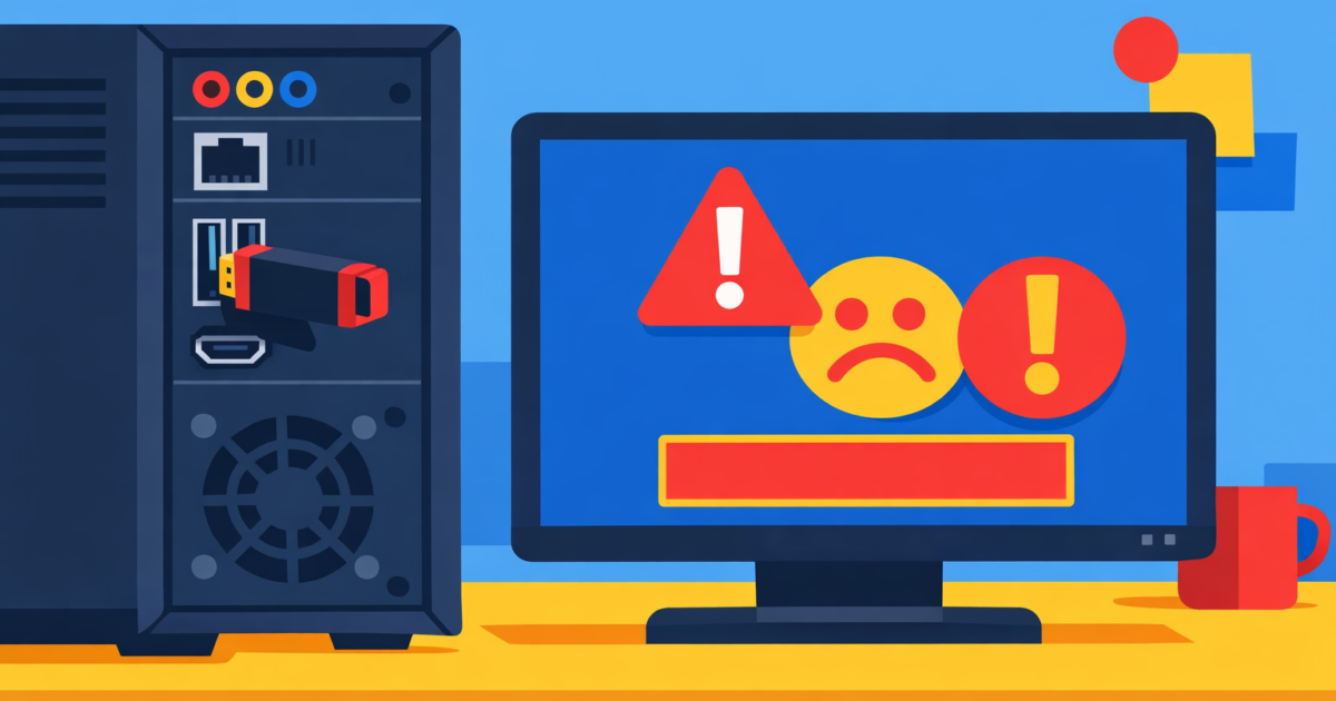 Server tower plugged into a monitor displaying red warning icons, signaling a computer error or alert on the desk setup.