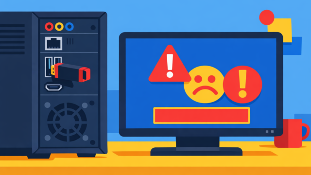 Server tower plugged into a monitor displaying red warning icons, signaling a computer error or alert on the desk setup.