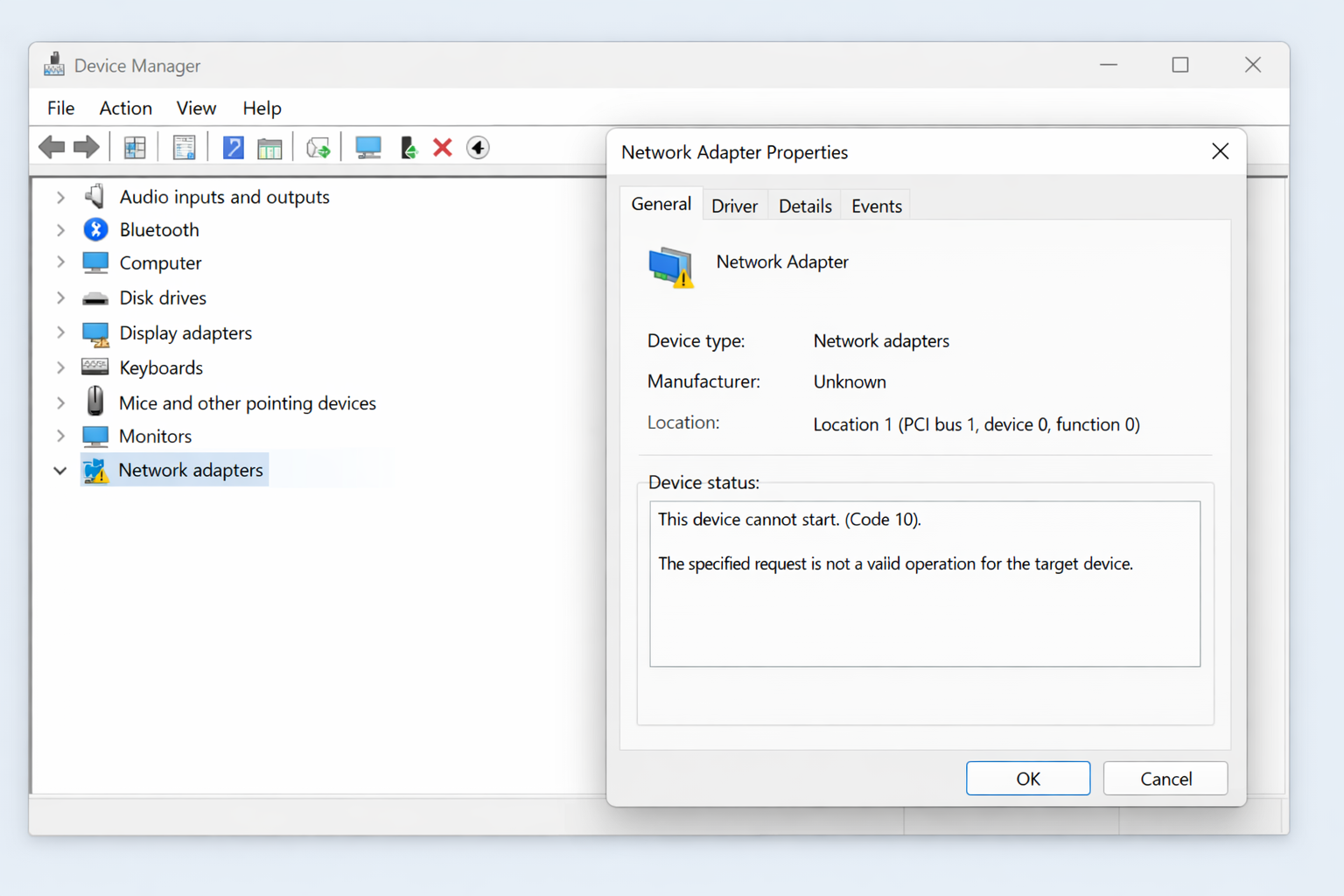 Device Manager open showing a device with a yellow triangle/exclamation mark and the error 