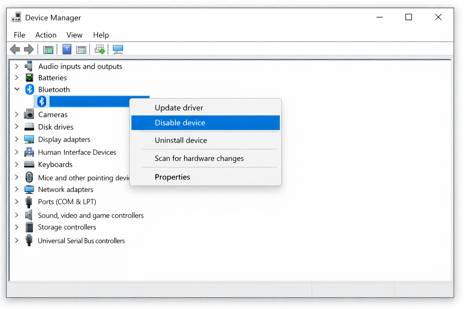 Device Manager with a device right-clicked showing the context menu with 