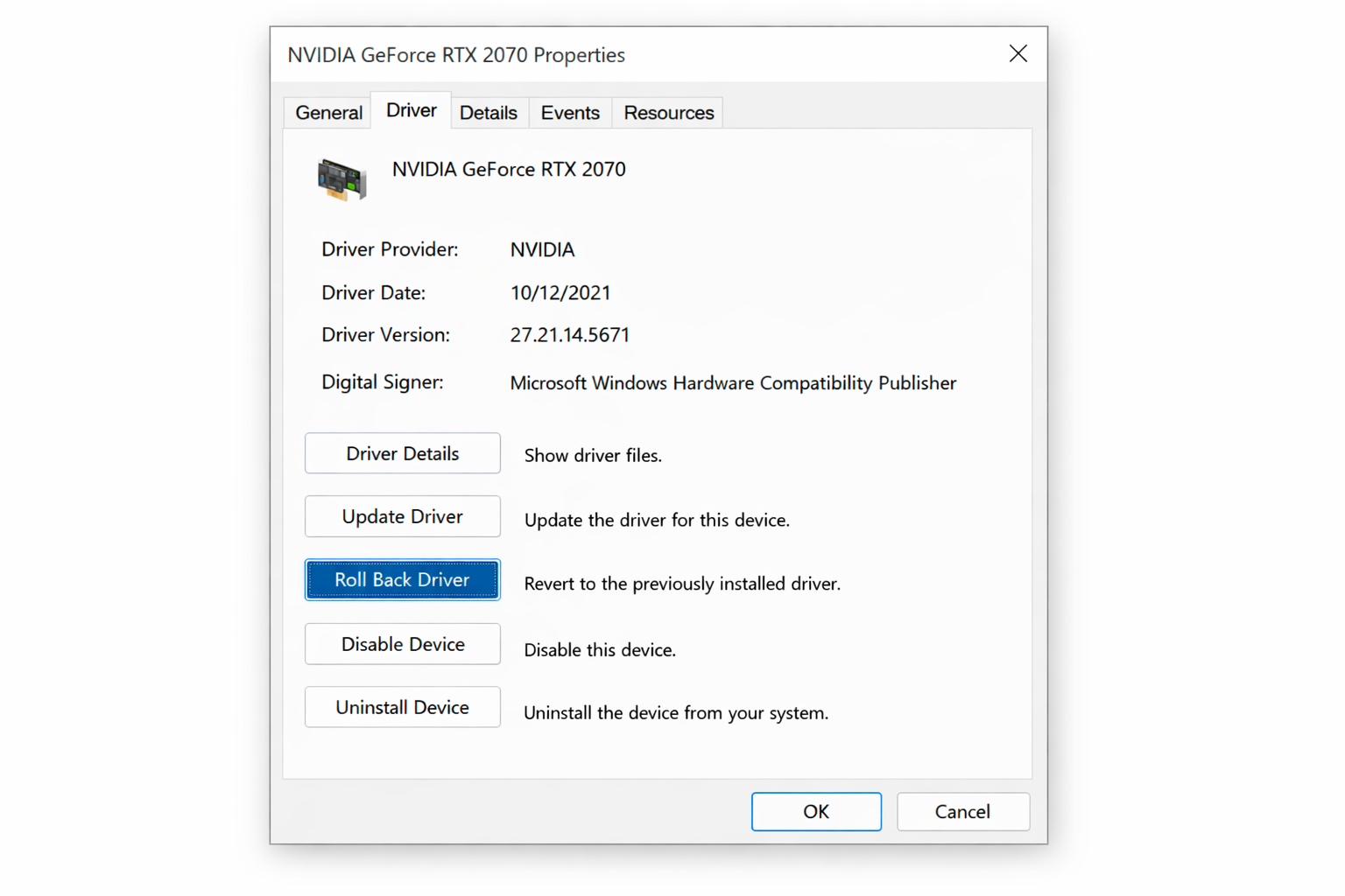 Device Properties dialog open on the Driver tab with the 