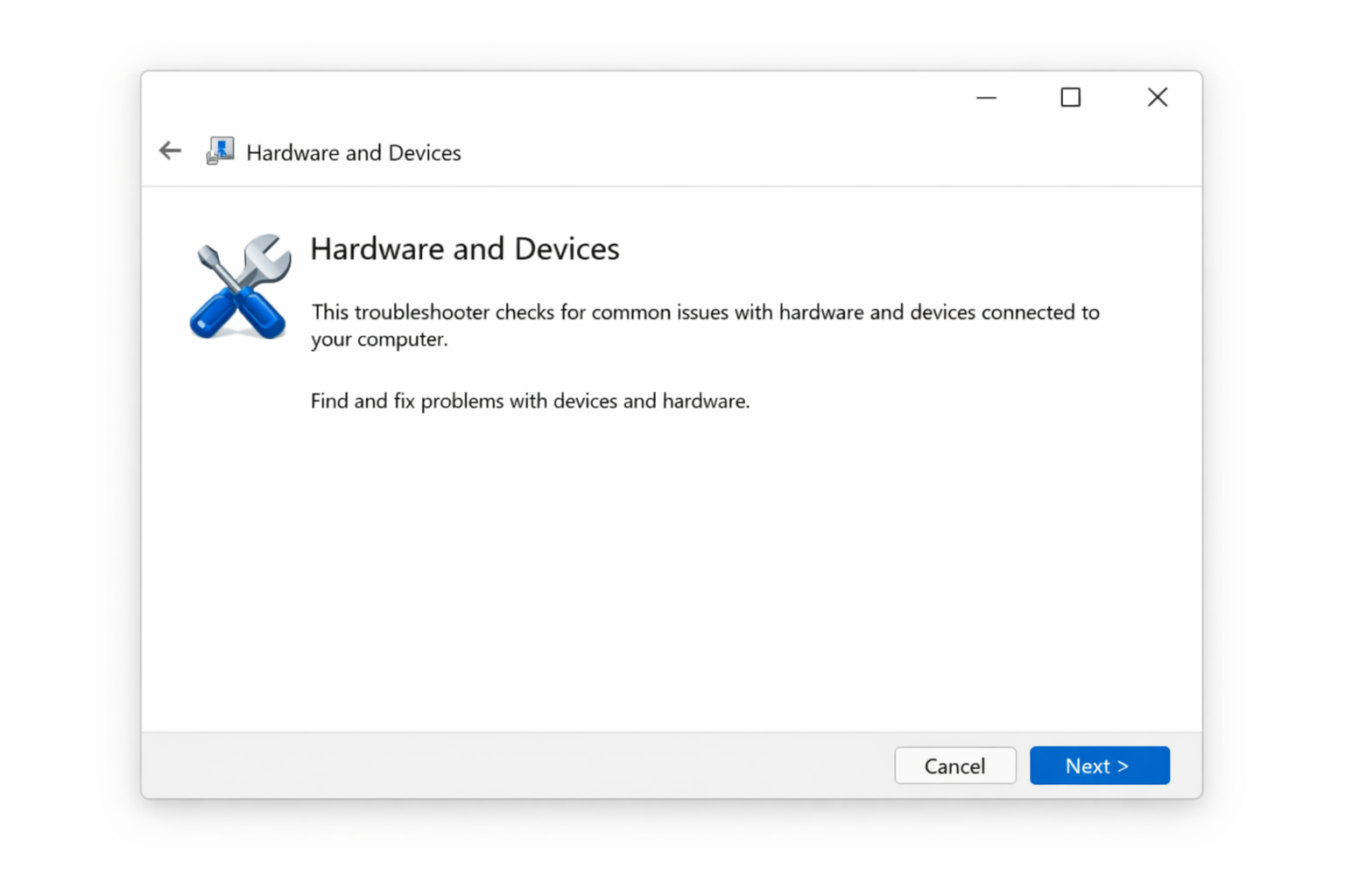 Hardware and Devices troubleshooter window open with 