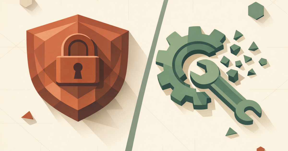 Orange shield with a padlock on the left, and a green gear with a wrench breaking into particles on the right, divided by a diagonal line to symbolize security vs. maintenance/engineering.