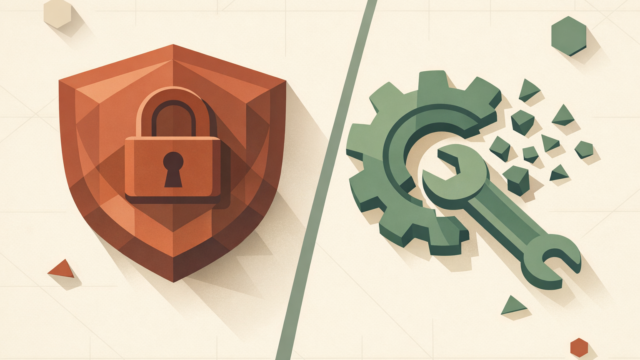Orange shield with a padlock on the left, and a green gear with a wrench breaking into particles on the right, divided by a diagonal line to symbolize security vs. maintenance/engineering.