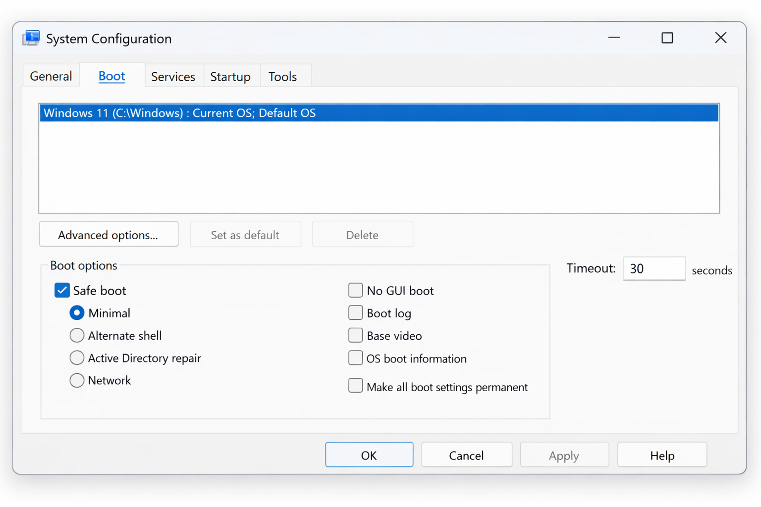 Windows 11 msconfig Boot tab with Safe boot checkbox selected
