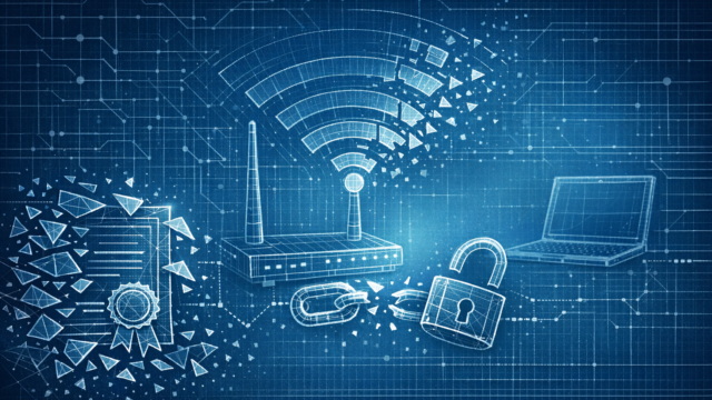Blueprint-style cybersecurity illustration featuring a wireless router with Wi‑Fi waves, a laptop, an unlocked padlock, broken chain links, and a certificate badge to symbolize network security.