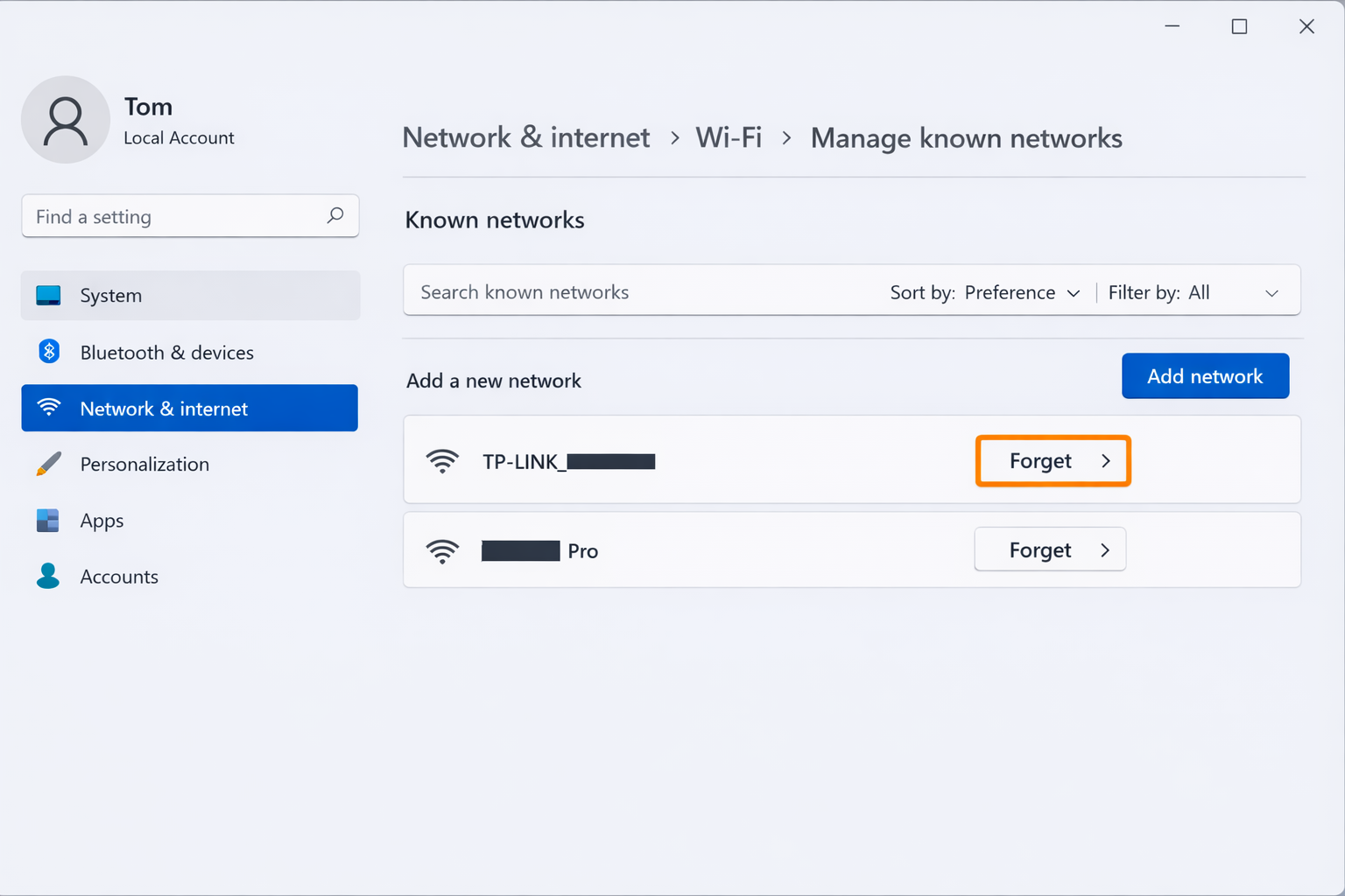 Windows 11 Settings/> Wi-Fi > Manage known networks with a network selected and the Forget button visible