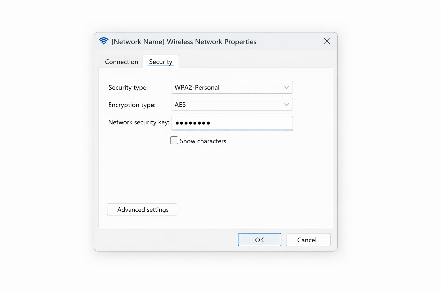 Windows 11 Wi-Fi network properties panel showing Security type field set to WPA2-Personal