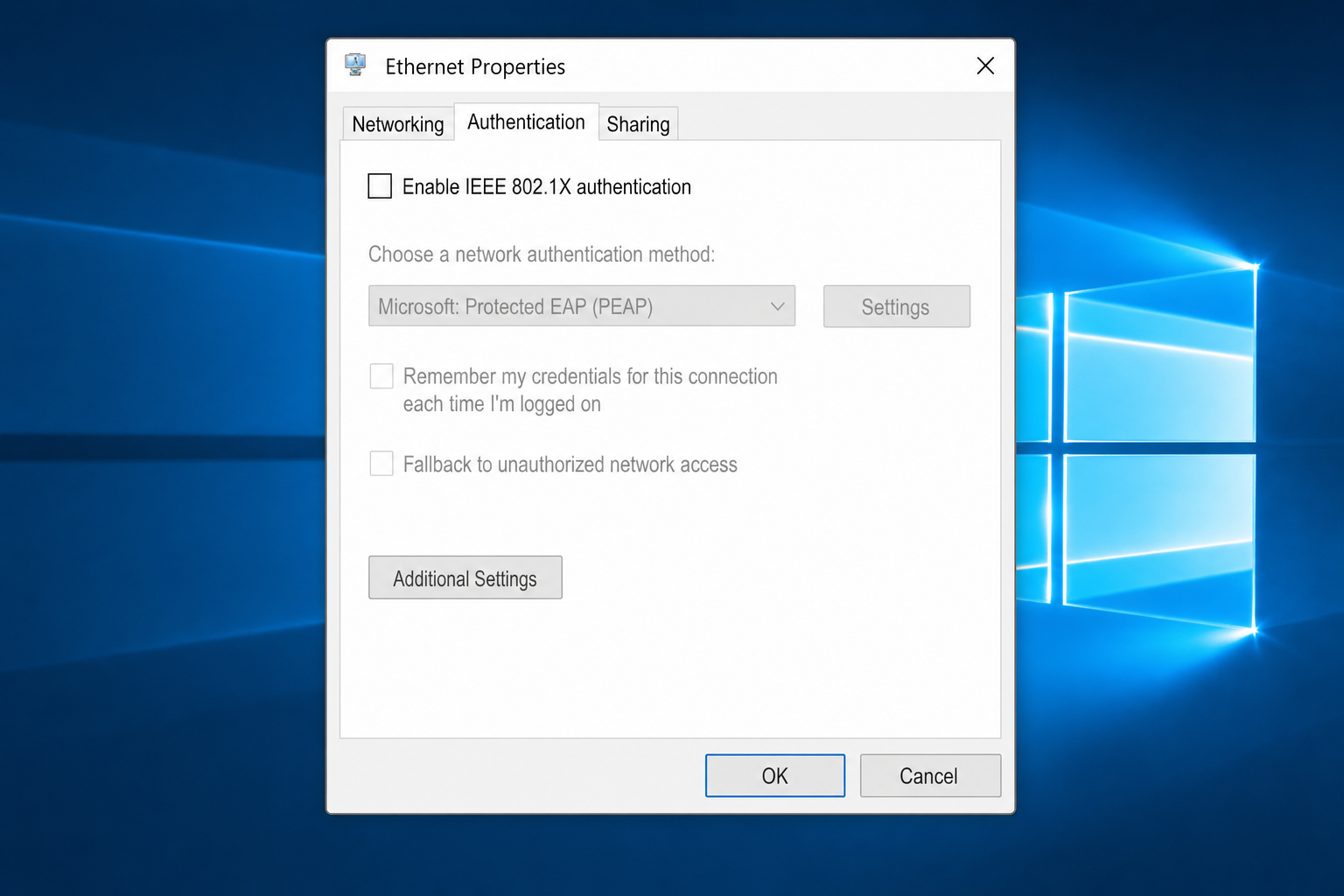 Wi-Fi adapter Properties dialog with the Authentication tab open, showing 