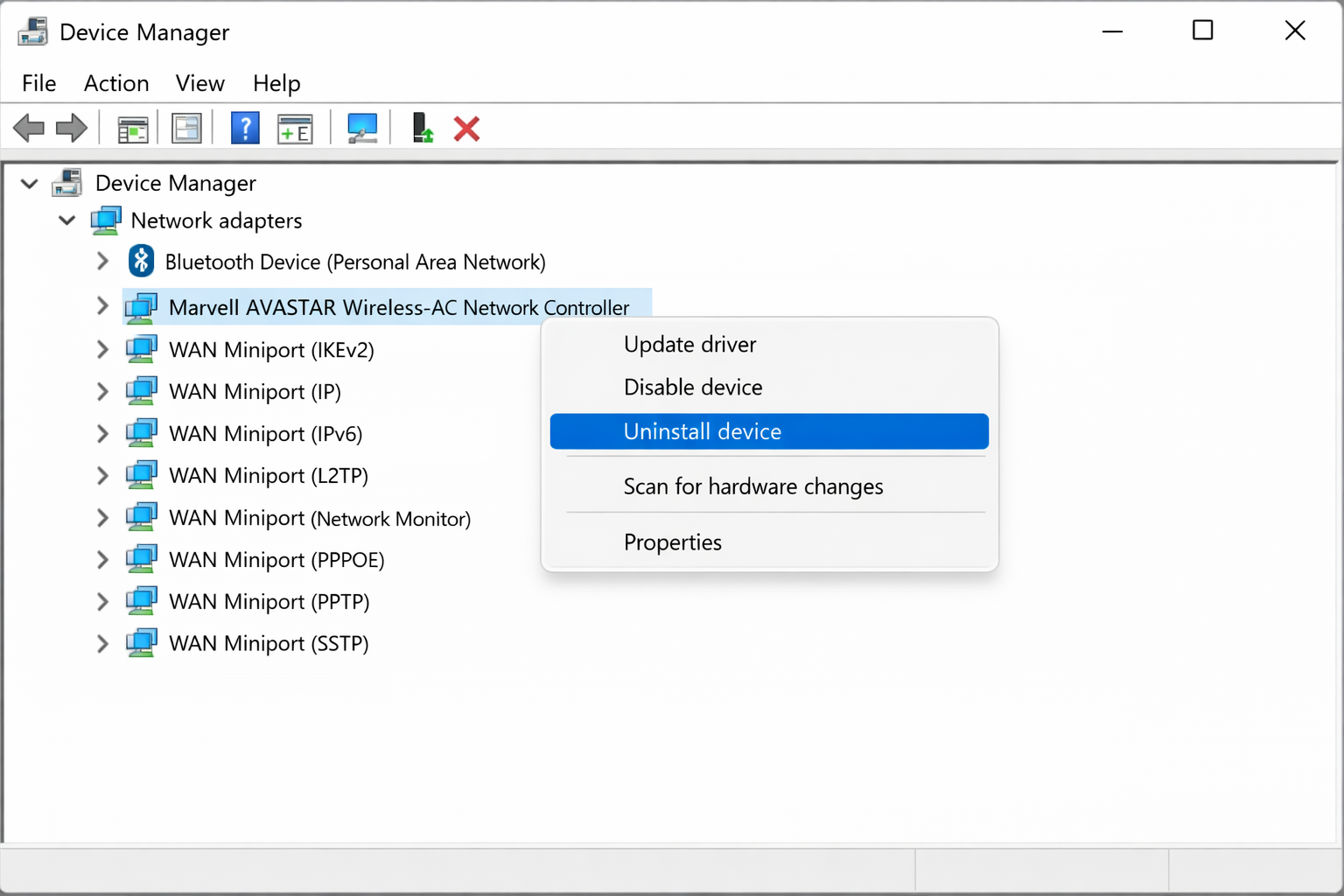 Device Manager with Network adapters expanded, right-click context menu on a Wi-Fi adapter showing Uninstall device option