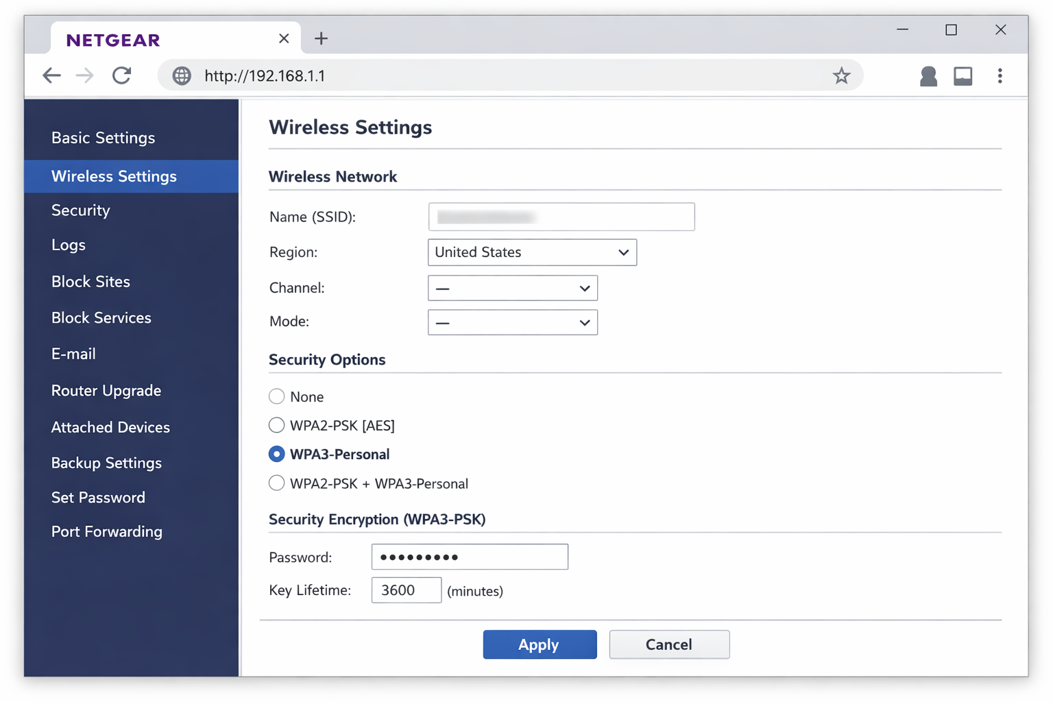 Router admin panel wireless security settings showing WPA3-Personal selected in the security mode dropdown