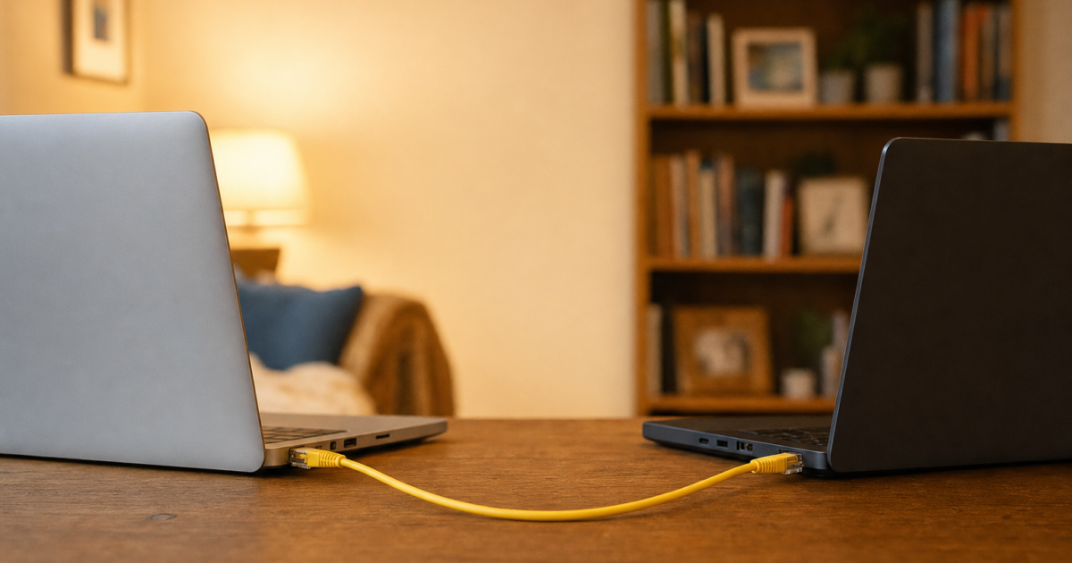 Two laptops sit on a wooden table, linked by a yellow Ethernet cable in a cozy living room with a bookshelf in the background.