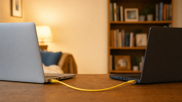 Two laptops sit on a wooden table, linked by a yellow Ethernet cable in a cozy living room with a bookshelf in the background.