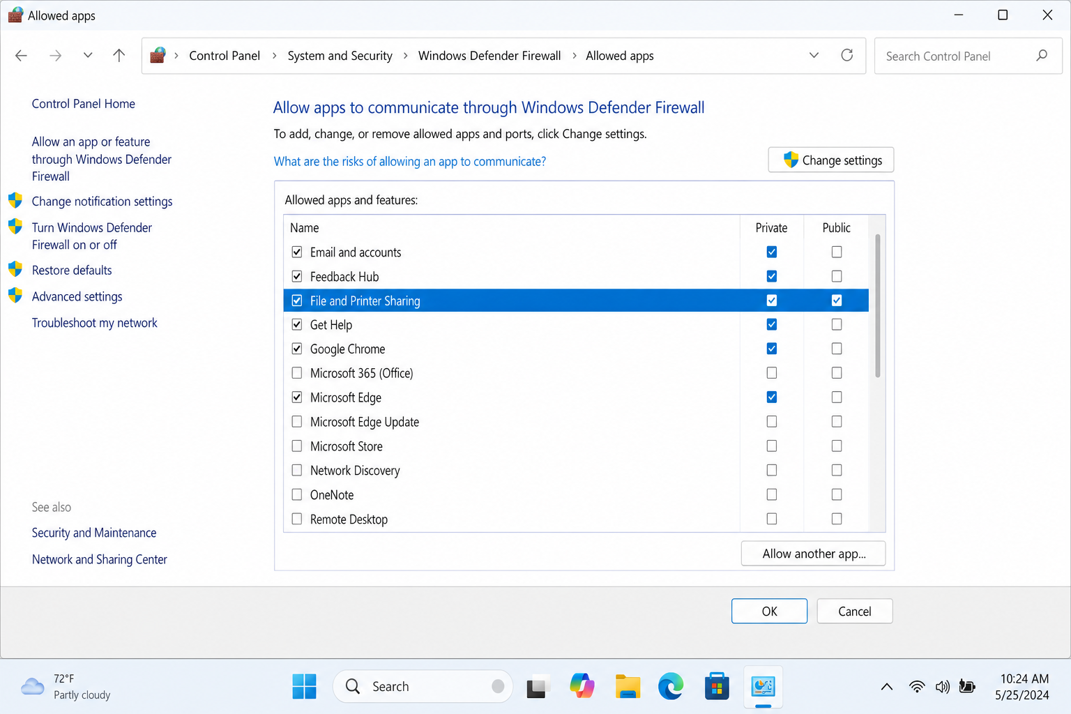 Windows Defender Firewall > Allowed apps list with File and Printer Sharing checked for both Private and Public columns