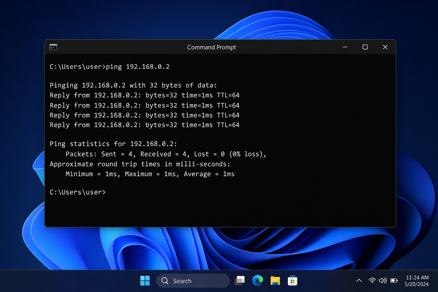 Command Prompt window showing a successful ping to 192.168.0.2 with four Reply lines showing bytes and time in milliseconds