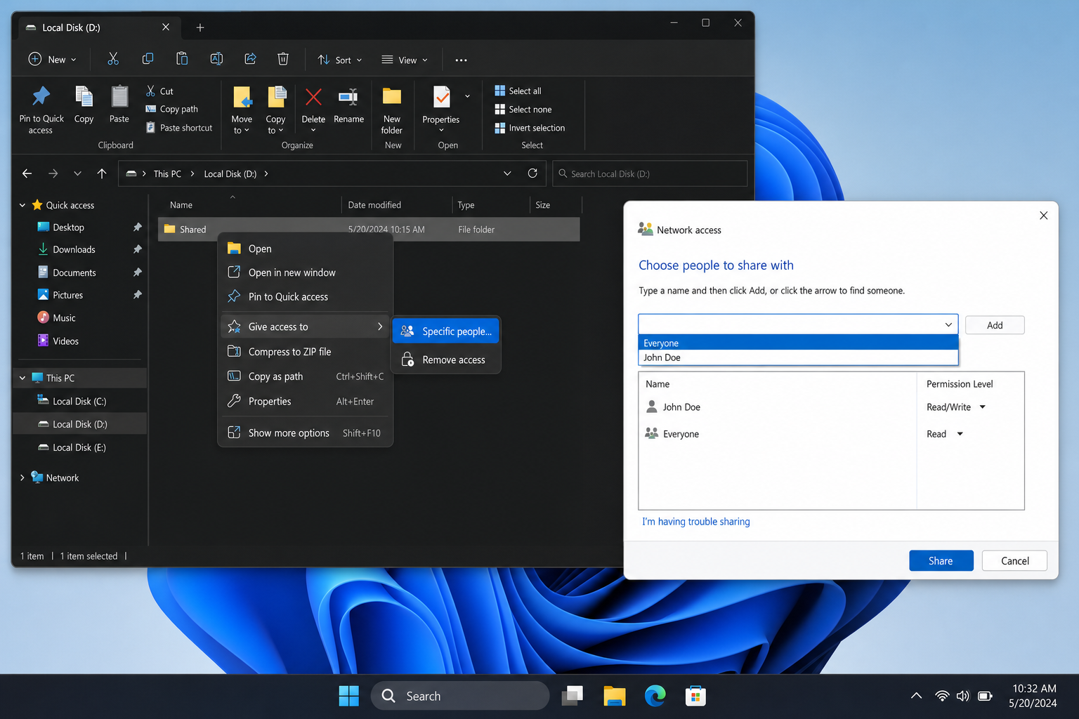 Windows 11 File Explorer right-click context menu showing Give access to > Specific people option, with the network sharing dialog open