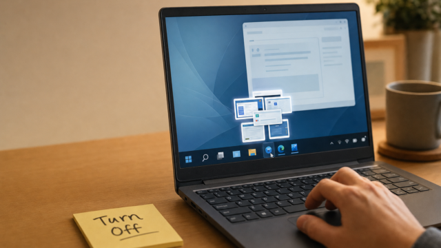 Close-up of a hand on a laptop keyboard at a wooden desk, with a yellow sticky note that reads 'Turn Off'.