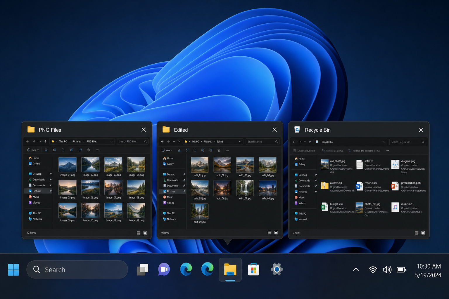 Windows 11 taskbar showing thumbnail preview popup when hovering over a taskbar icon, with multiple open windows visible