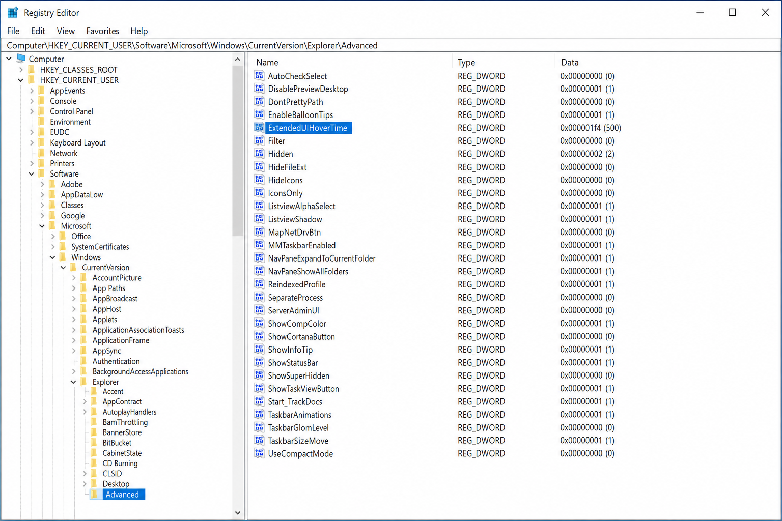 Registry Editor showing HKEY_CURRENT_USER\Software\Microsoft\Windows\CurrentVersion\Explorer\Advanced with ExtendedUIHoverTime DWORD highlighted in the right pane