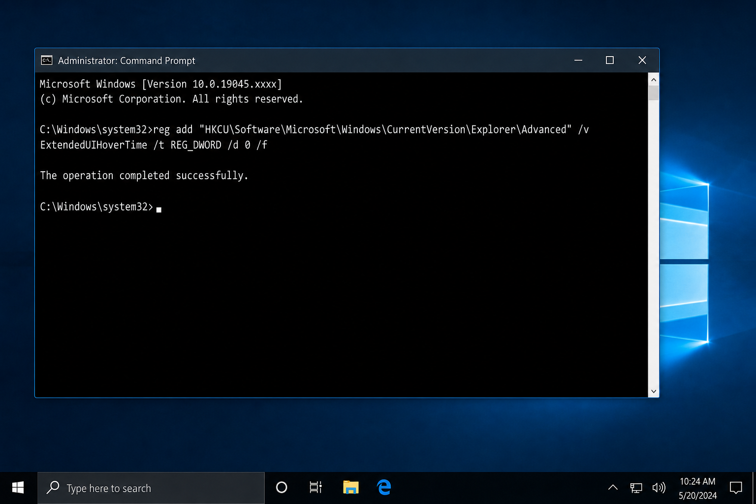 Command Prompt running as administrator with the reg add ExtendedUIHoverTime command entered and showing "The operation completed successfully"