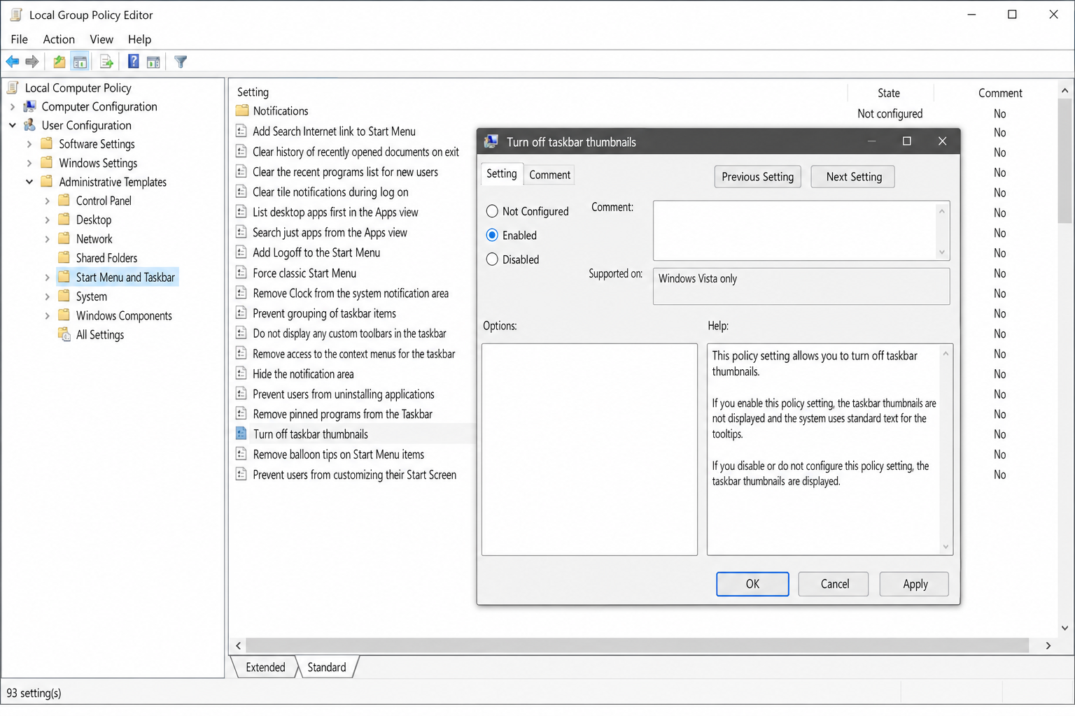 Group Policy Editor showing User Configuration > Administrative Templates > Start Menu and Taskbar with "Turn off taskbar thumbnails" policy open and Enabled radio button selected