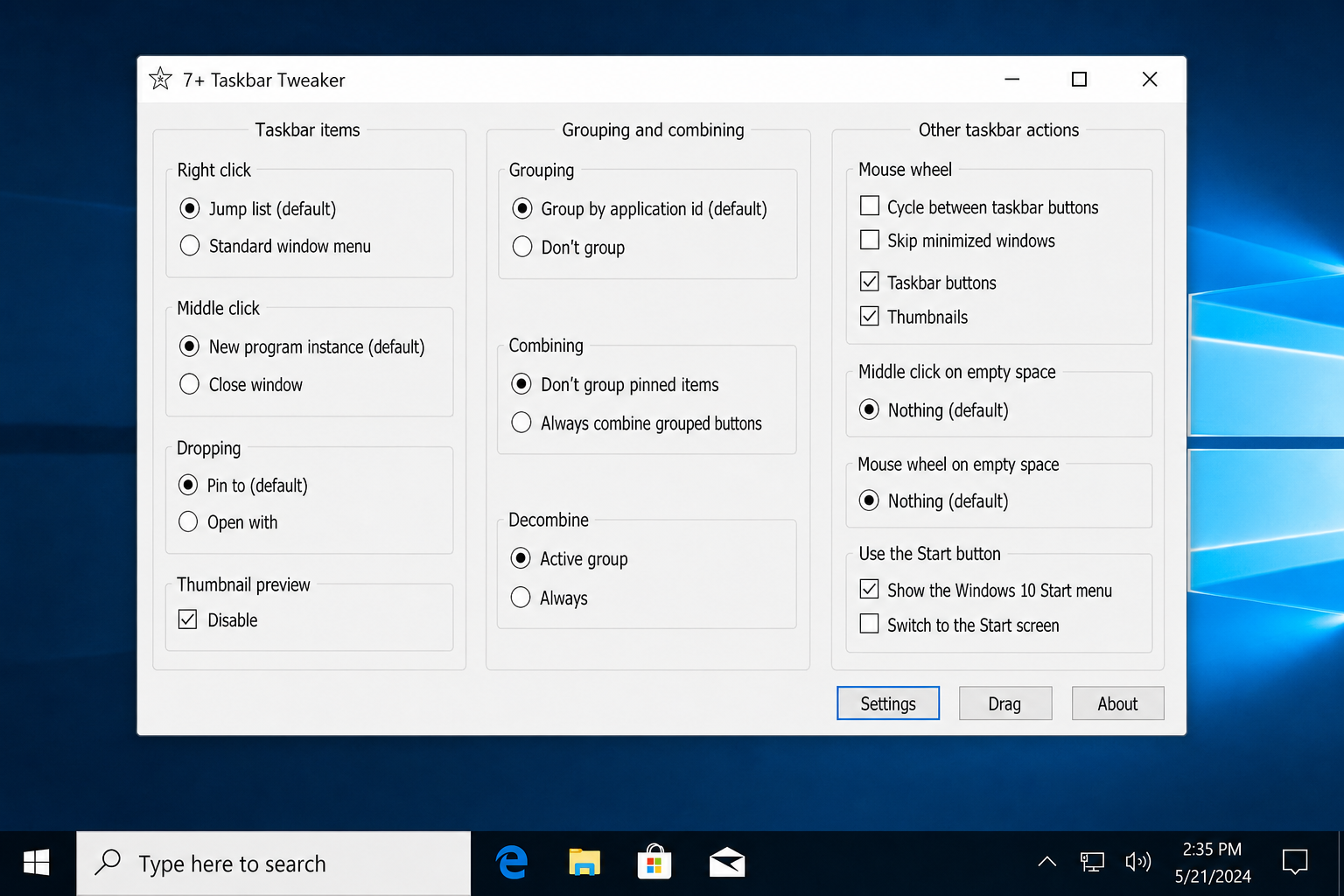 7+ Taskbar Tweaker settings window with the "Thumbnail preview" section visible and the Disable checkbox checked