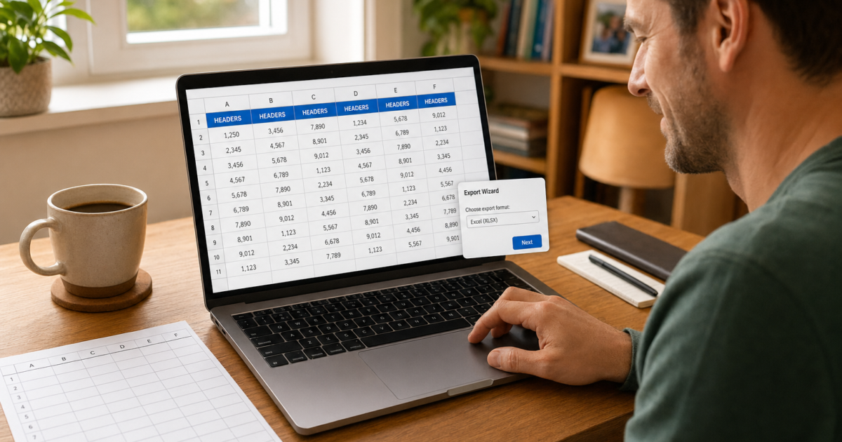 Man seated at a wooden desk using a laptop displaying a spreadsheet and an export dialog in a bright, home-office setting.