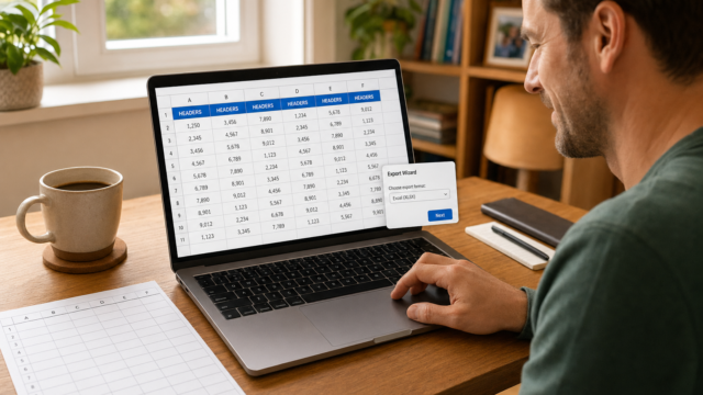 Man seated at a wooden desk using a laptop displaying a spreadsheet and an export dialog in a bright, home-office setting.